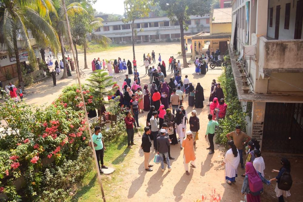 Aerial view of school campus during community event